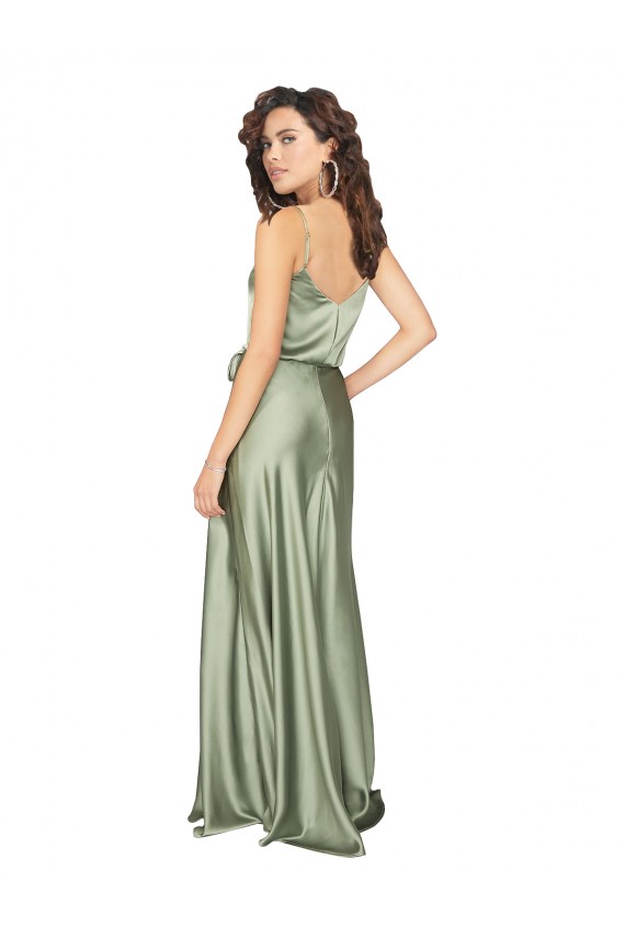 Acheter Vert fumée Trapèze Col V Satiné Soyeux Longue Formelles Robes demoiselle d'honneur / Robes de soirée