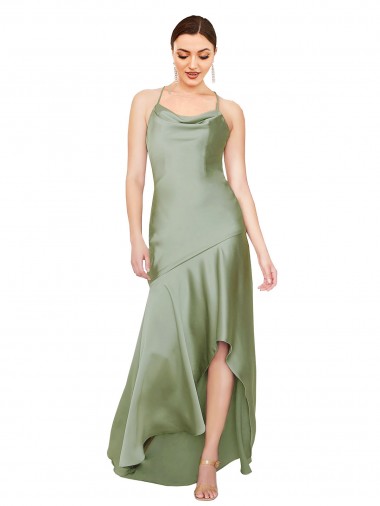 Acheter Vert fumée Trapèze Satiné Soyeux Longue Asymétrique Formelles Robes demoiselle d'honneur / Robes de soirée / Robes de bal