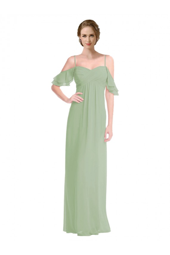 Acheter Vert fumée Trapèze Épaule Dénudée Bretelles spaghetti Mousseline Longue Robes demoiselle d'honneur