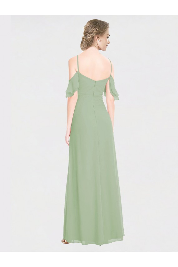Acheter Vert fumée Trapèze Épaule Dénudée Bretelles spaghetti Mousseline Longue Robes demoiselle d'honneur