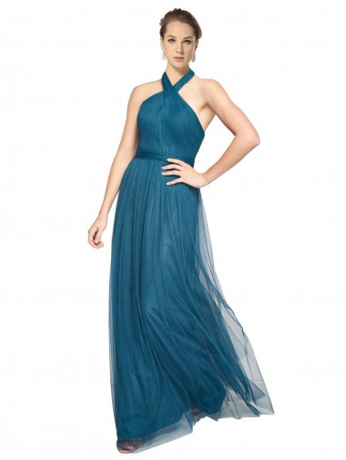 Acheter Vert sarcelle Trapèze Licou Col Haut Tulle Longue Robes demoiselle d'honneur